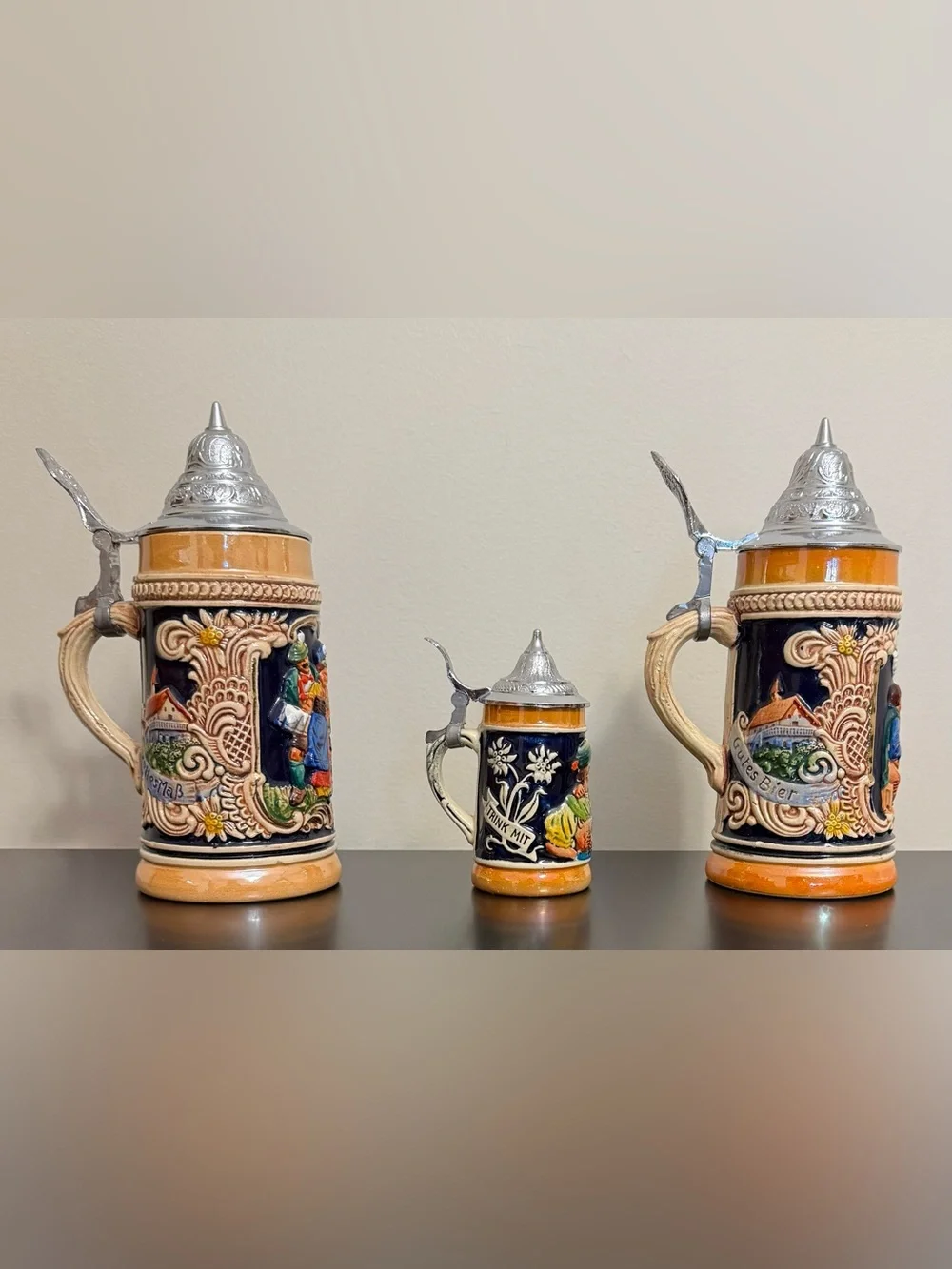 Set of 3 Vintage Small Mini Gerz? Beer Steins West Germany 4” 7” with Lids